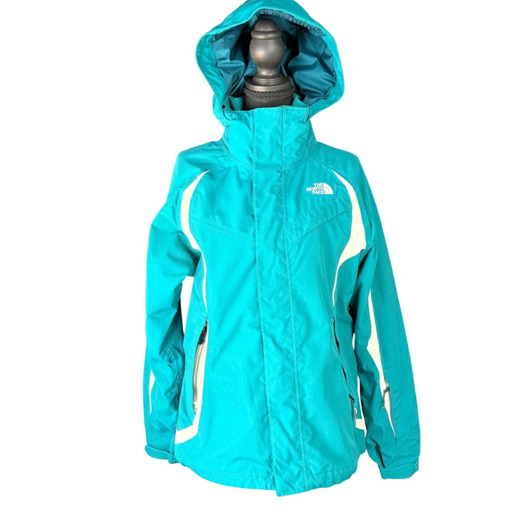 The North Face HyVent Hooded Rain Jacket Teal White Womens Medium Shell Only